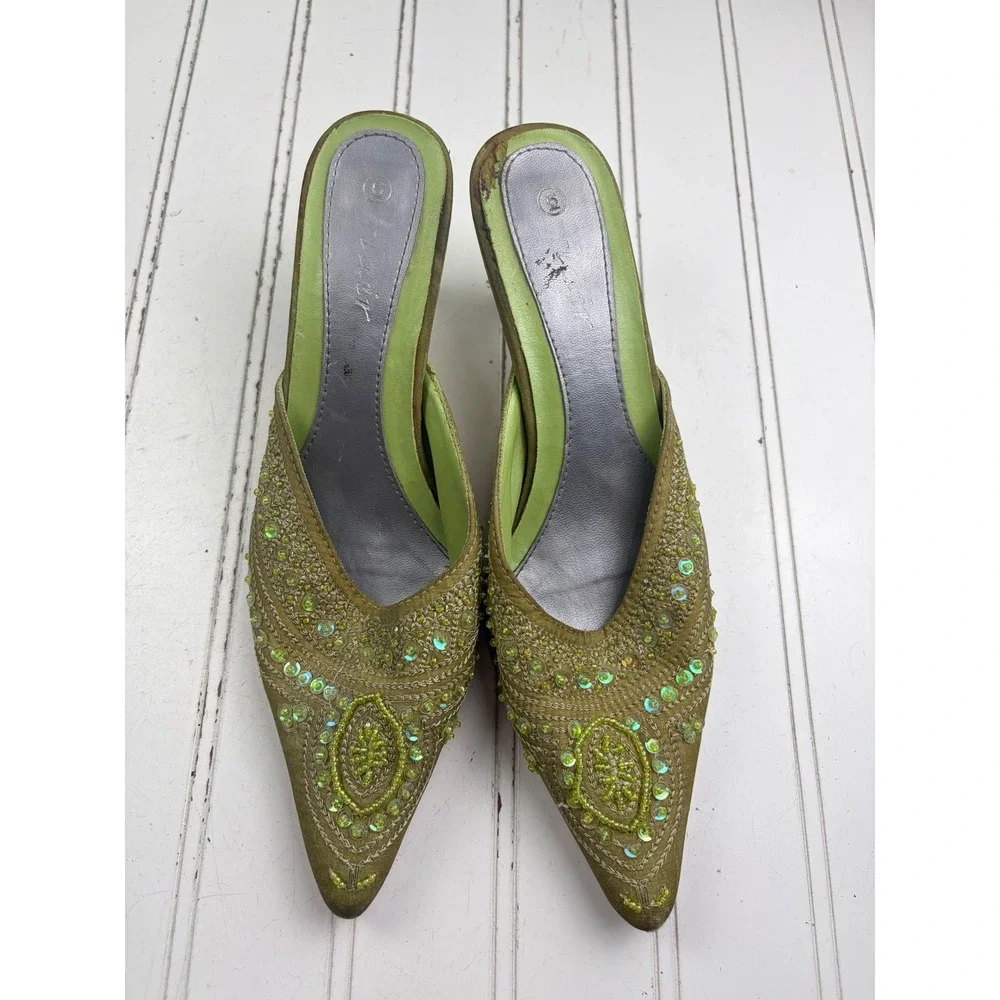 Anne Michelle Vintage Y2K Green Beaded Floral Satin Kitten Heels Women's Size 6